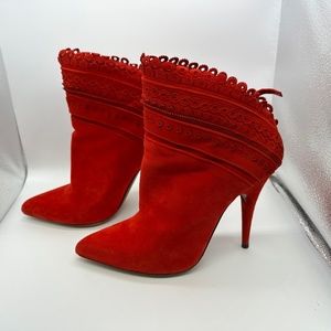 Tabitha Simmon Red Suede booties. Pattern/cut/embossed detail at top. Size 39.